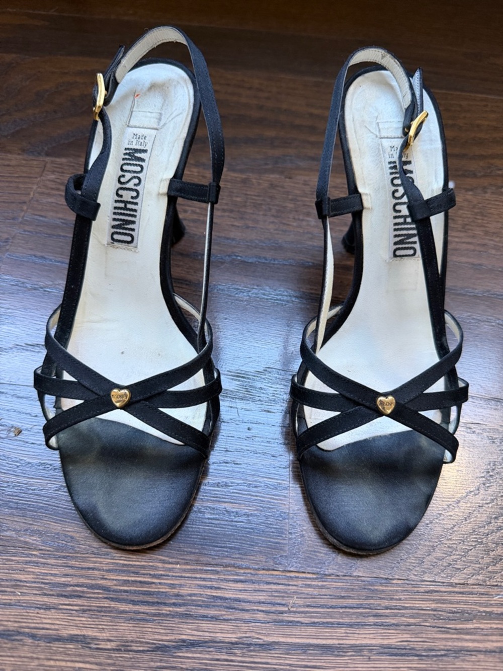 MOSCHINO VINTAGE Y2K Black Satin Sandal Heel Shoe Gold Heart Accent Eu 38 Sz 8 - Picture 2 of 10